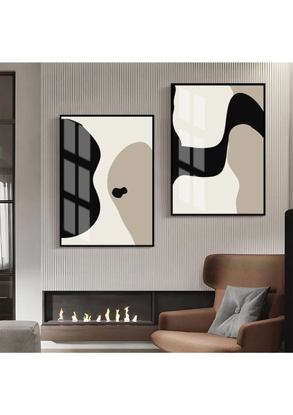 |siyah- Bej Soyut Şekil Kombin 04 |çerçeveli Cam Tablo 2li Dikey
