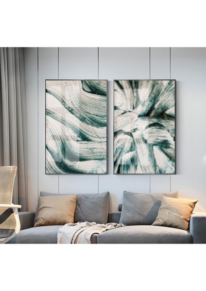 |turkuaz Tonlar Desenli Soyut Kombini 01 |çerçeveli Cam Tablo 2li Dikey