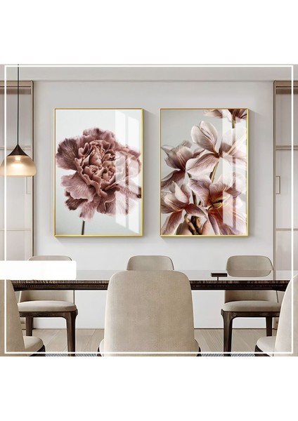 |soft Fuşya-Mürdüm Renk Yapraklı Çiçekler 1|çerçeveli Cam Tablo 2li Dikey