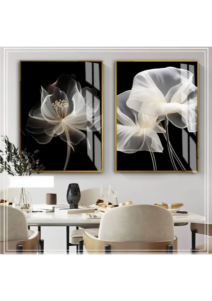 |beyaz Siyah Renk Çiçek Kombini 01 Yeni|çerçeveli Cam Tablo 2li Dikey