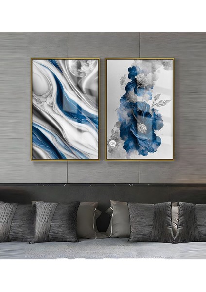 |lacivert-Gümüş Renk Soyut ve Çiçek Kombini 2|çerçeveli Cam Tablo 2li Dikey