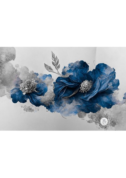 |lacivert-Gümüş Renk Soyut ve Çiçek Kombini 2|çerçeveli Cam Tablo 2li Dikey modelleri