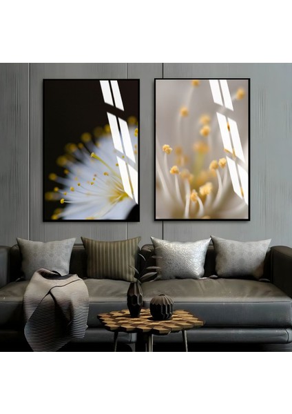 |sarı Beyaz Soft Çiçek Kombin 1|çerçeveli Cam Tablo 2li Dikey