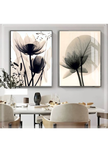 |soft Siyah-Krem Çiçek Kombini 03 |çerçeveli Cam Tablo 2li Dikey