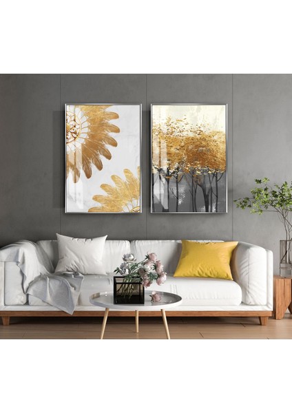 |gold-Siyah Minimal Soyut Ağaç Kombini|temperli Çerçeveli Cam Tablo 2li Dikey