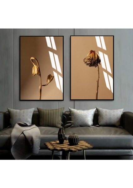|kahverengi Kuru Çiçek Kombini |çerçeveli Cam Tablo 2li Dikey