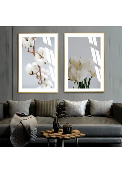 |beyaz Soft Renk Çiçek Kombin Yeni|çerçeveli Cam Tablo 2li Dikey