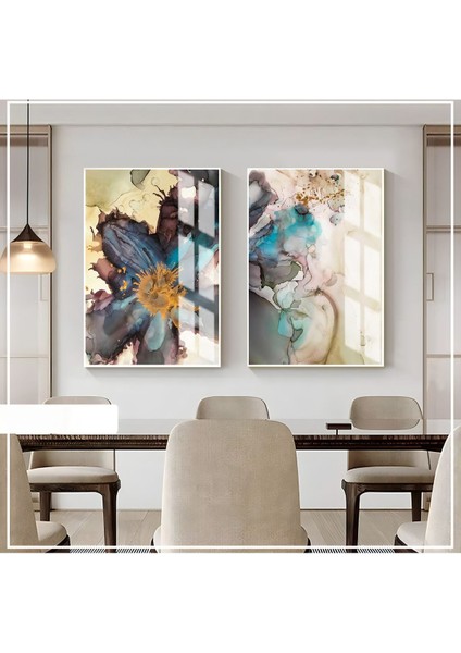 |gold Turkuaz Soft Renk Soyut Kombin 2 |çerçeveli Cam Tablo 2li Dikey
