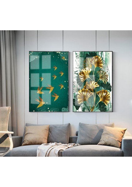 |yeşil-Gold Kuş&yaprak Kombini 01 |çerçeveli Cam Tablo 2li Dikey