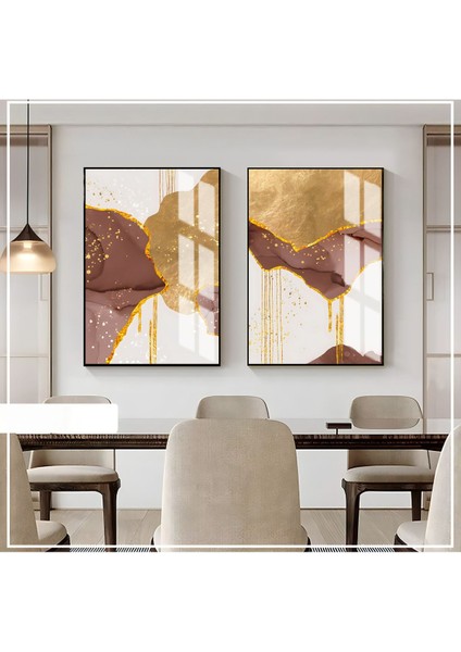 |kahverengi-Gold Renk Soyut Kombin Yeni|çerçeveli Cam Tablo 2li Dikey