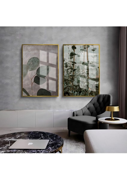 |yeşil Yaprak Dalları Kombini 02 |çerçeveli Cam Tablo 2li Dikey