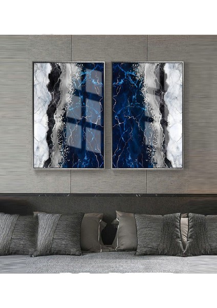|lacivert-Gümüş Soyut Mermer Motifi|çerçeveli Cam Tablo 2li Dikey