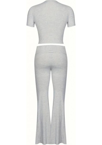 Kadın Kısa Kollu Bisiklet Yaka Alt Ispanyol Paça Viskon Ikili Takım fırsatları