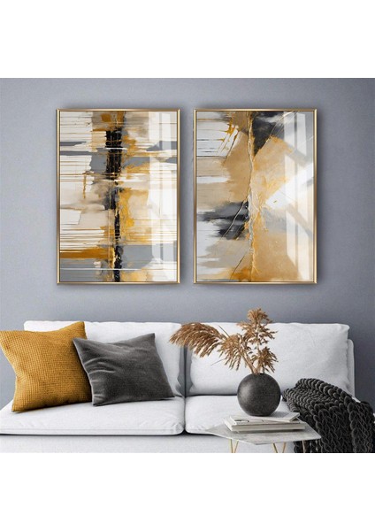 |gold-Gri Soyut Kombini Iı |temperli Çerçeveli Cam Tablo 2li Dikey