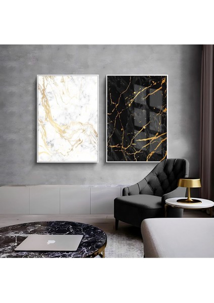 |beyaz-Siyah-Gold Mermer Desen Soyut Kombini 03 |çerçeveli Cam Tablo 2li Dikey