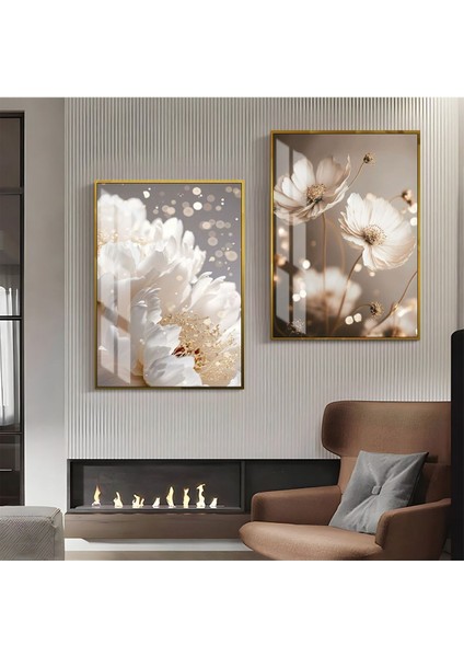|özel Soft Çiçek Yaprak Kombini 3 Yeni|çerçeveli Cam Tablo 2li Dikey