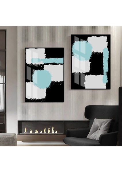 |siyah-Gri-Mavi Soyut Şekiller Kombin 02 |çerçeveli Cam Tablo 2li Dikey