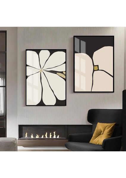 |krem-Gri-Sarı Soyut Çiçek Kombin 1 |çerçeveli Cam Tablo 2li Dikey