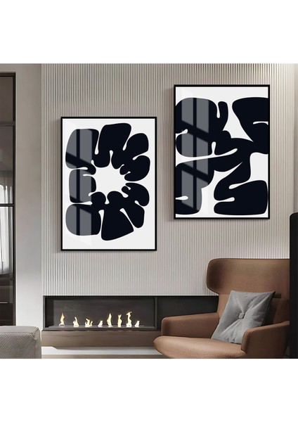 |siyah- Beyaz Soyut Şekil Kombin 08 |çerçeveli Cam Tablo 2li Dikey