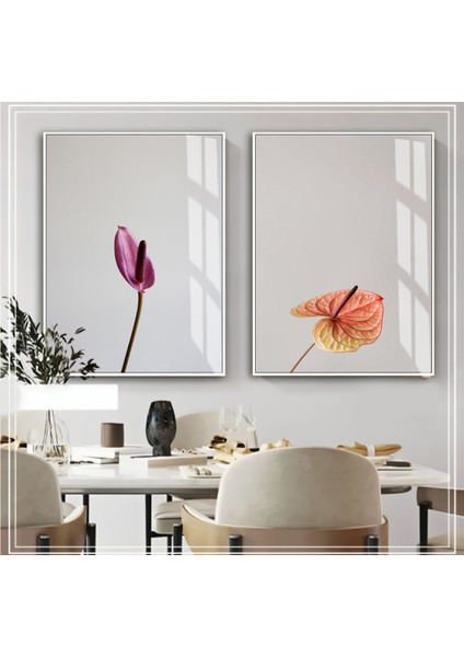|turuncu-Mor Renk Çiçek Kombini Yeni|çerçeveli Cam Tablo 2li Dikey