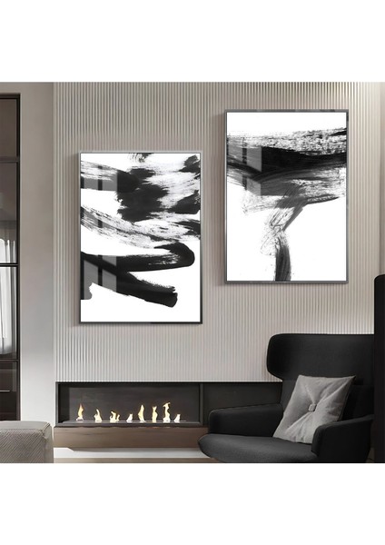 |siyah-Beyaz Abstract Kombin 2 |çerçeveli Cam Tablo 2li Dikey