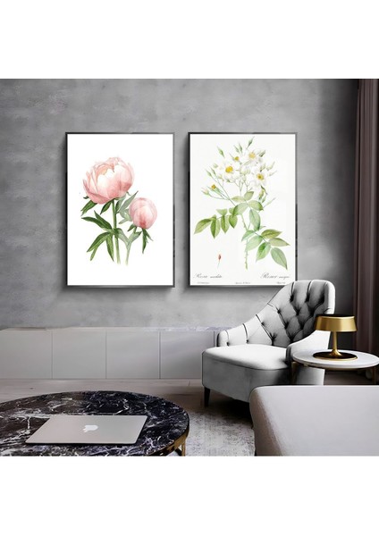 |yeşil-Beyaz-Pembe Çiçek Kombini 03 |çerçeveli Cam Tablo 2li Dikey