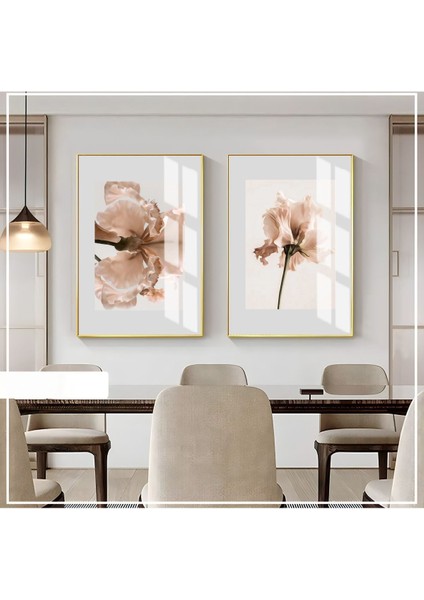 |ekru Krem Soft Renk Yapraklı Çiçekler |çerçeveli Cam Tablo 2li Dikey