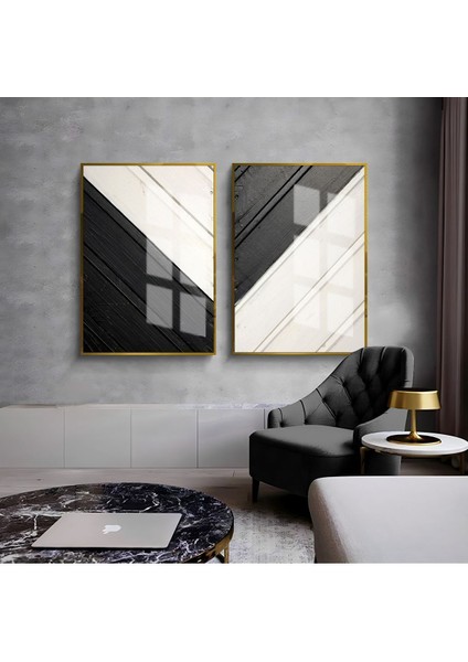 |siyah-Beyaz Çapraz Desen Soyut Kombini 1 |çerçeveli Cam Tablo 2li Dikey