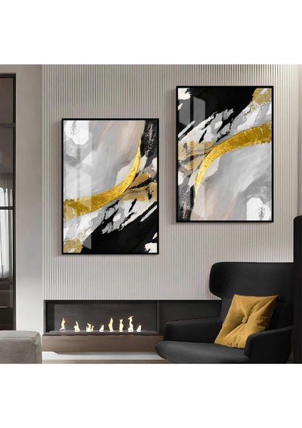 |siyah-Gold-Gri Soyut Abstract Kombin 03 |çerçeveli Cam Tablo 2li Dikey