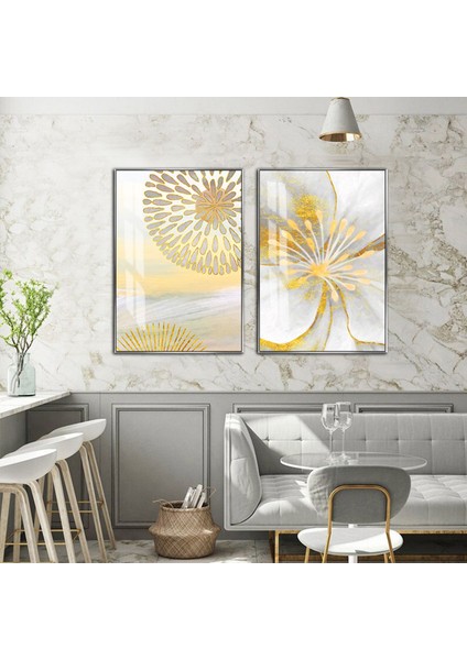 |gold-Gri Minimal Bohem Çiçek Kombini |temperli Çerçeveli Cam Tablo 2li Dikey
