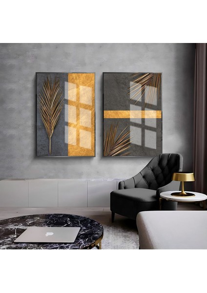 |sarı-Gri Palmiye Yaprağı Desenli Kombin 01 |çerçeveli Cam Tablo 2li Dikey