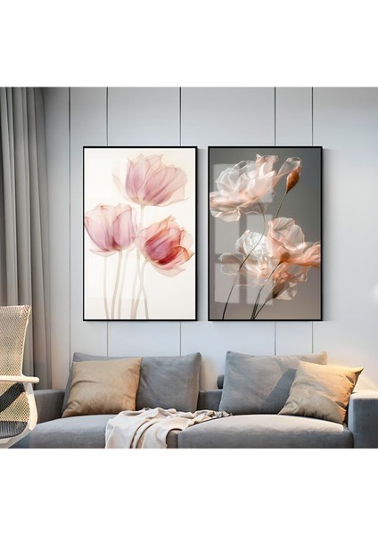 |pembe-Gri Çiçek Kombini 01 |çerçeveli Cam Tablo 2li Dikey
