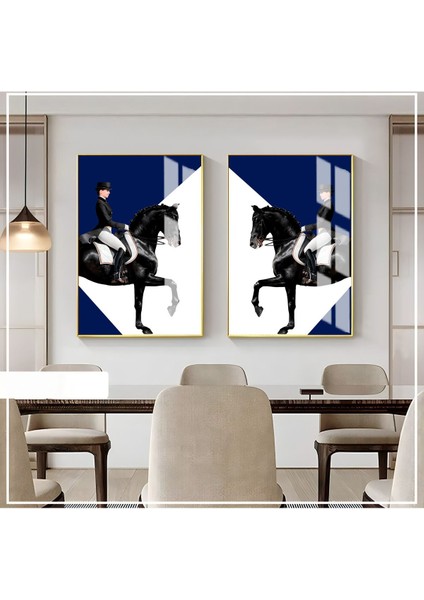 |saks Mavisi-Beyaz Renk Siyah-Beyaz Kadın Jokey Kombin 2 |çerçeveli Cam Tablo 2li Dikey