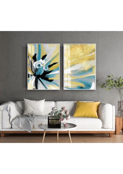 |gold-Turkuaz Minimal Soyut Çiçek Kombini |temperli Çerçeveli Cam Tablo 2li Dikey