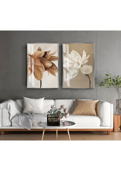 |soft Turuncu-Bej-Beyaz Minimal Çiçek Kombini |temperli Çerçeveli Cam Tablo 2li Dikey
