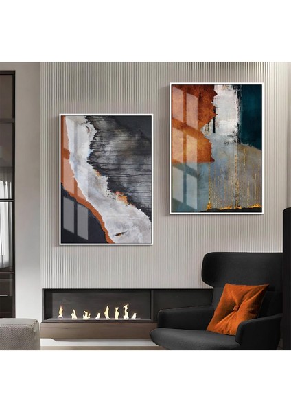 |turuncu-Siyah-Gold Soyut Abstract Kombini |çerçeveli Cam Tablo 2li Dikey