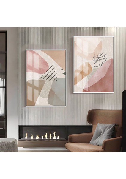 |turuncu-Gri-Krem Soyut Şekil Kombin 01 |çerçeveli Cam Tablo 2li Dikey