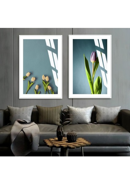 |mavi Yeşil Yapraklı Çiçekler 1|çerçeveli Cam Tablo 2li Dikey