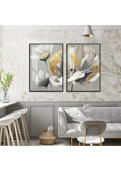 |gri-Gold Minimal Çiçek Kombini Iı |temperli Çerçeveli Cam Tablo 2li Dikey