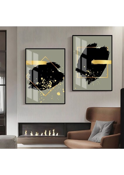 |gold-Siyah-Gri Soyut Şekil Kombin 07 |çerçeveli Cam Tablo 2li Dikey