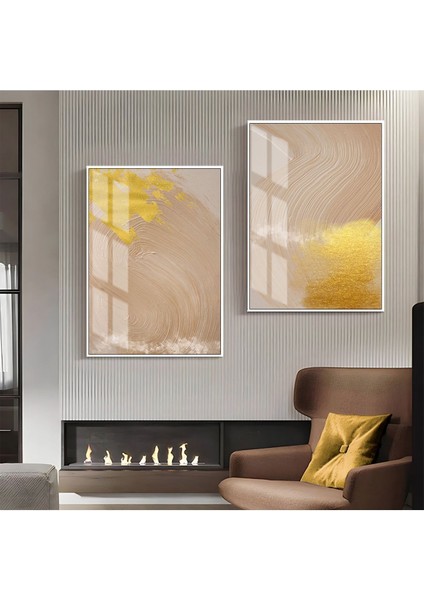 |krem-Gold Desenli Soyut Kombini 01 |çerçeveli Cam Tablo 2li Dikey