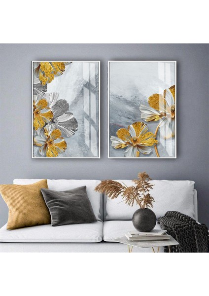 |gold-Gri Çiçek Kombini Iı |temperli Çerçeveli Cam Tablo 2li Dikey