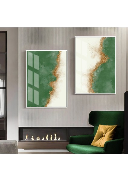 |yeşil-Gold Luxury Desenli Soyut Kombini 03 |çerçeveli Cam Tablo 2li Dikey