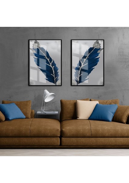 |sevilen Tüyler Lacivert-Gümüş |çerçeveli Cam Tablo 2li Dikey