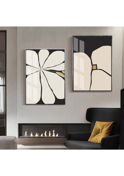 |krem-Gri-Sarı Soyut Çiçek Kombin 1 |çerçeveli Cam Tablo 2li Dikey