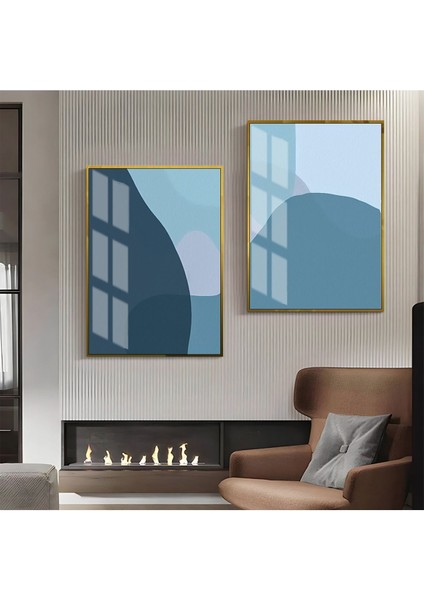 |mavi Tonlar Soyut Abstract Kombin 1 |çerçeveli Cam Tablo 2li Dikey