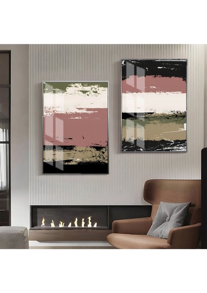 |pembe-Yeşil-Siyah Abstract Kombin 1 |çerçeveli Cam Tablo 2li Dikey