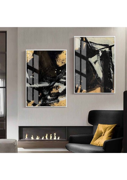 |gri-Gold-Siyah Desenli Soyut Kombini 02 |çerçeveli Cam Tablo 2li Dikey