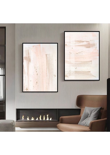 |pembe-Sarı Desenli Soyut Kombini 03|çerçeveli Cam Tablo 2li Dikey