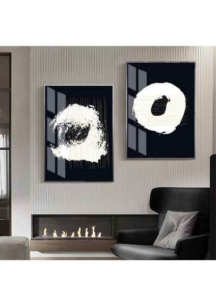 |beyaz-Siyah-Sarı Desenli Soyut Kombini 01|çerçeveli Cam Tablo 2li Dikey